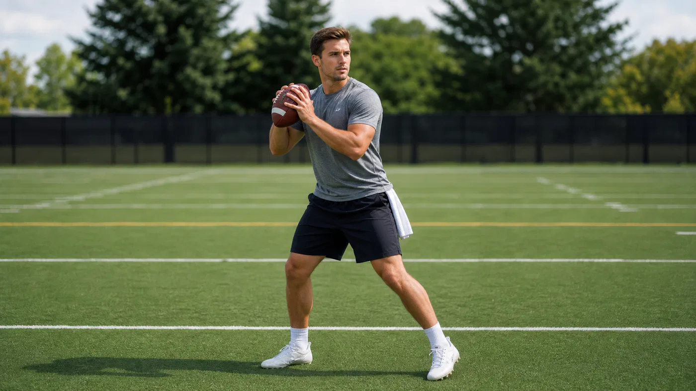 American football quarterback holding the ball in a passing stance