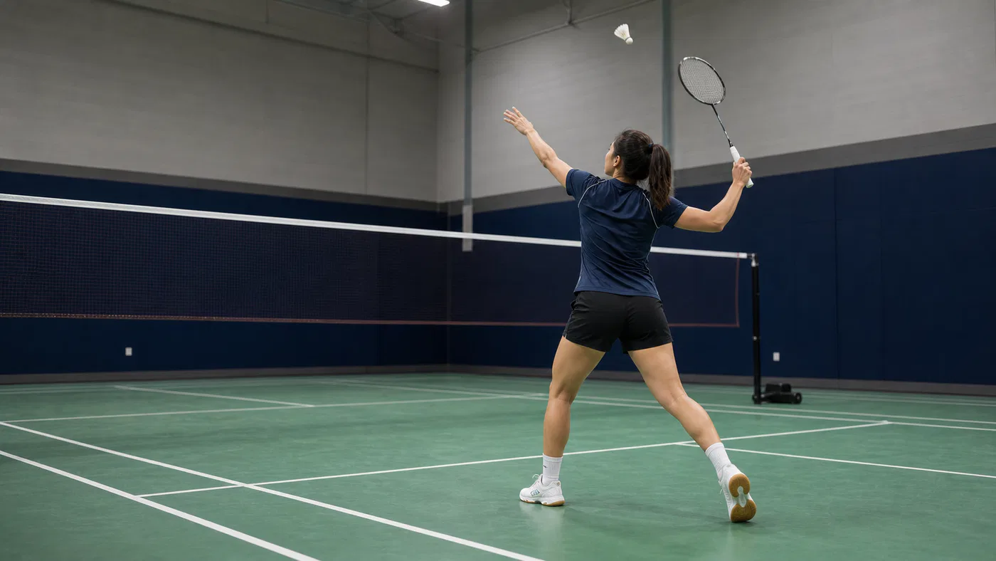 Badminton player preparing an overhead clear from the rear court