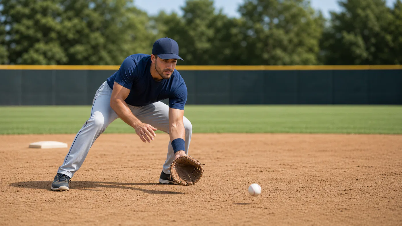 Baseball infielder fielding a ground ball with glove low to the dirt
