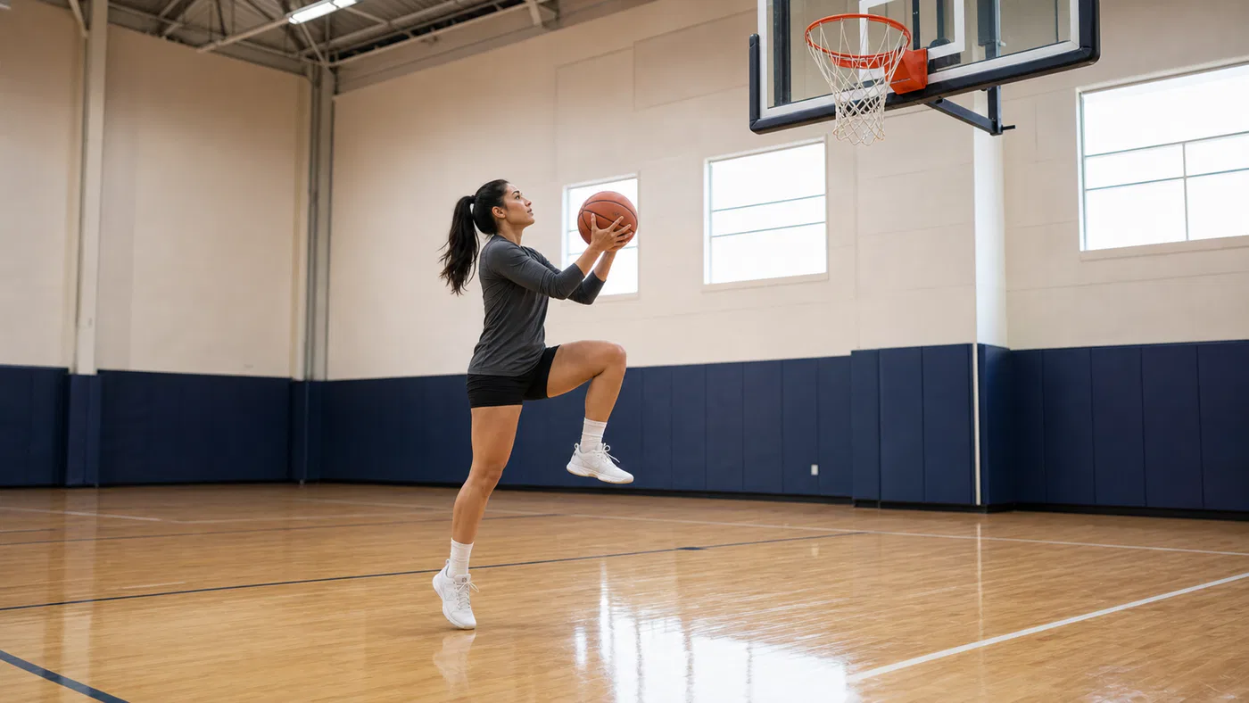 Basketball player practicing balanced layup footwork near the rim