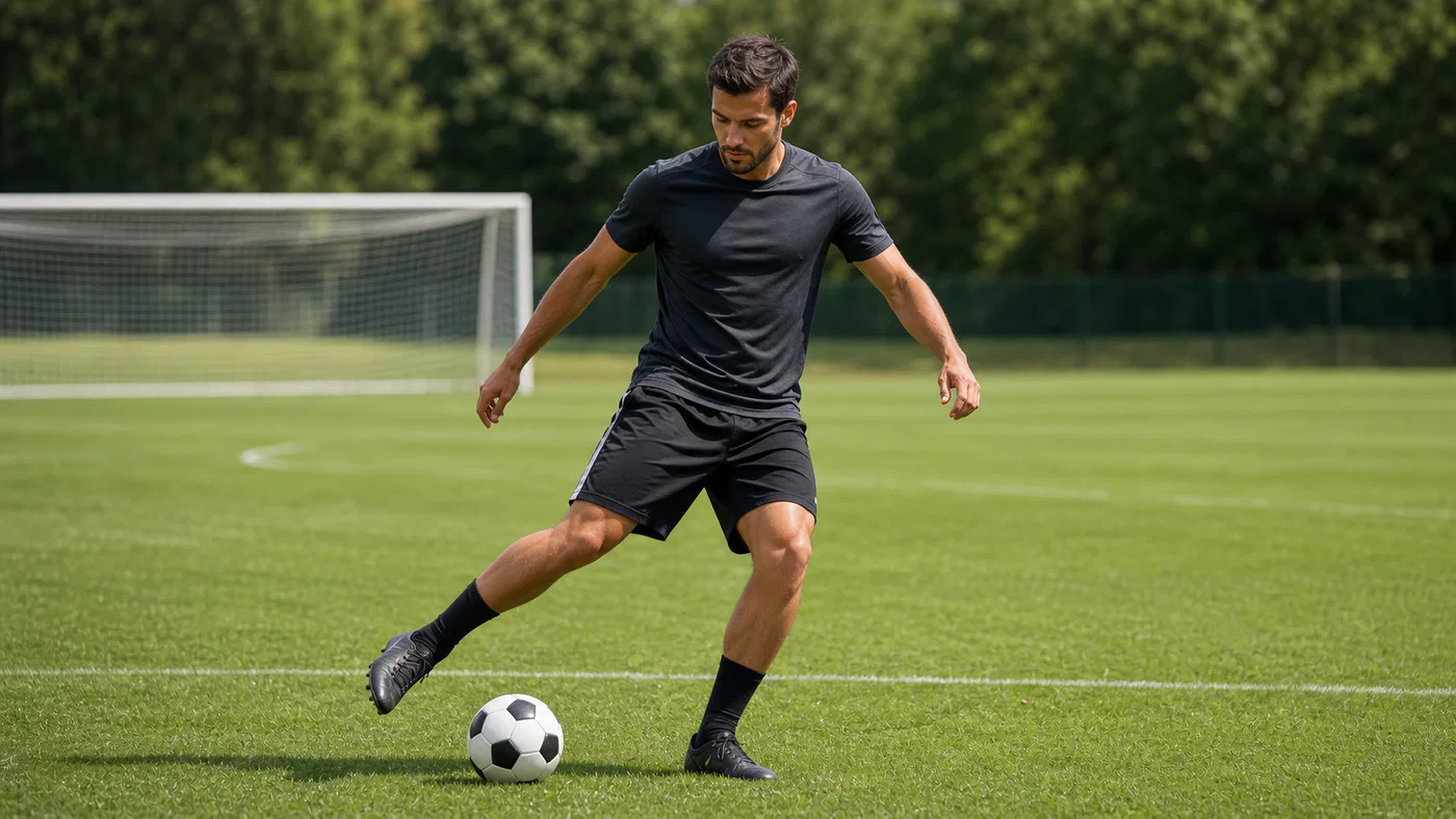 Soccer player using the inside of the foot to pass on grass