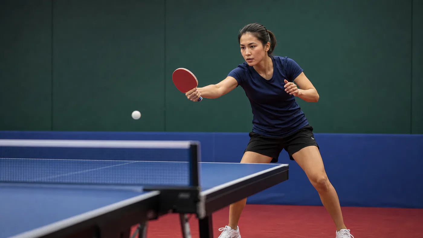 Table tennis player preparing a controlled forehand drive