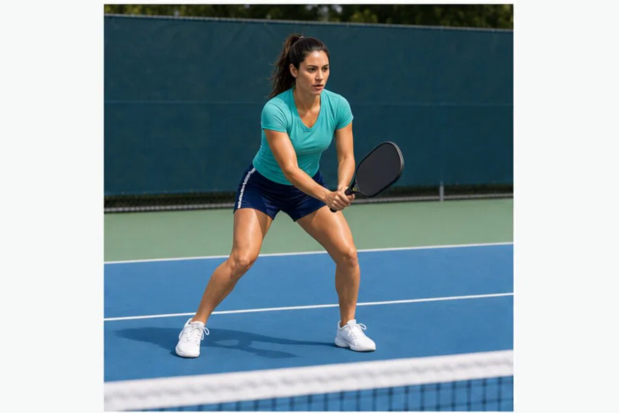 Pickleball dink shot same-athlete step 2: soft-knee dink setup