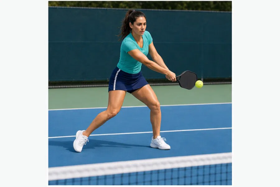 Pickleball dink shot same-athlete step 4: soft dink contact in front