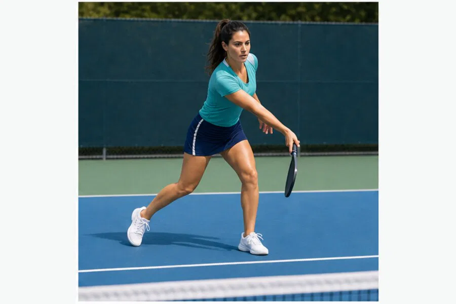 Pickleball third-shot drop same-athlete step 5: low arc toward the kitchen