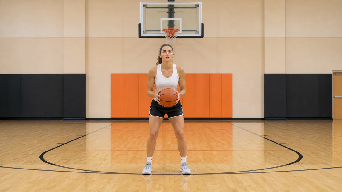 Basketball player setting feet at the free throw line before shooting