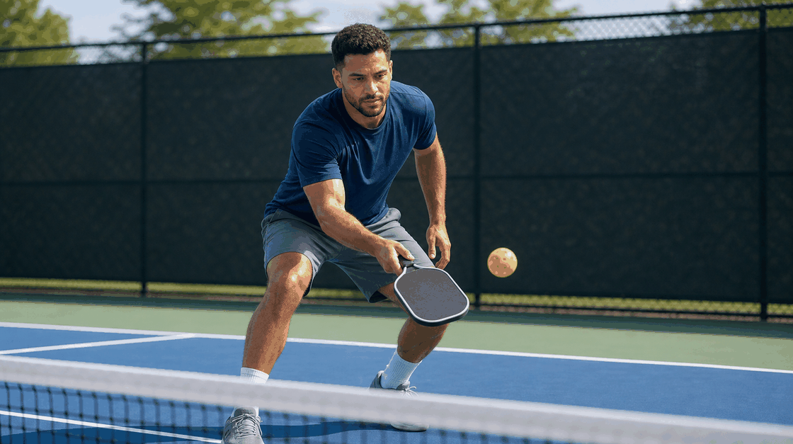 Pickleball player using a quiet paddle face for a soft dink