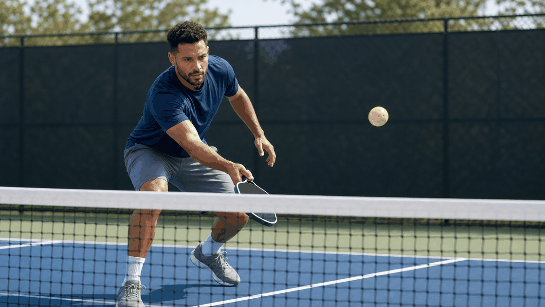 Pickleball player lifting a soft dink over the net into the kitchen