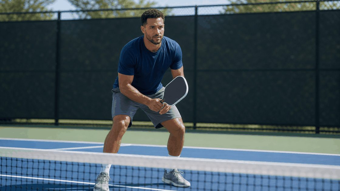 Pickleball player recovering to ready position after a dink