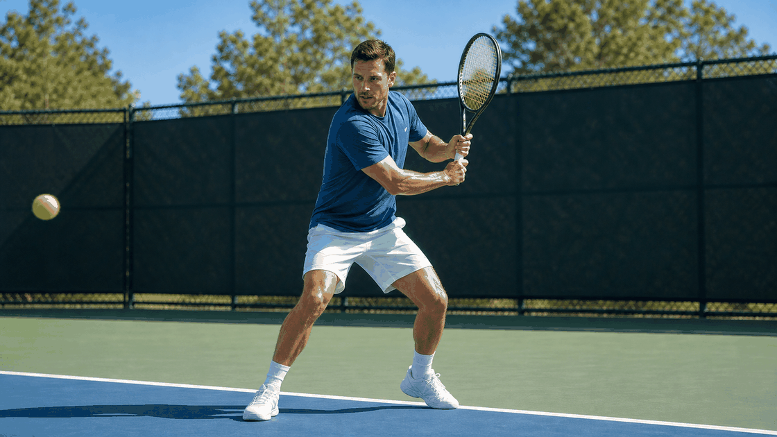 Tennis player in a balanced return stance with racket ready before a one-handed backhand return