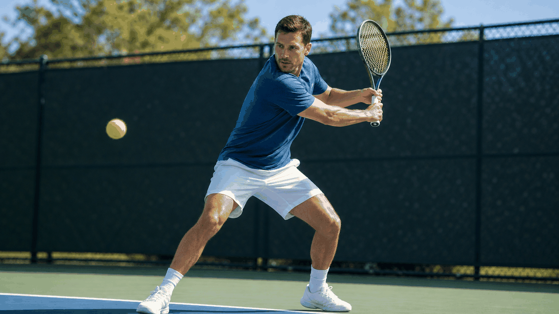 Tennis player split stepping and making a compact shoulder turn for a one-handed backhand return