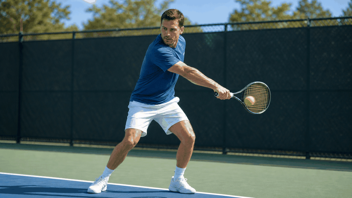 Tennis player meeting the ball in front with a compact one-handed backhand return