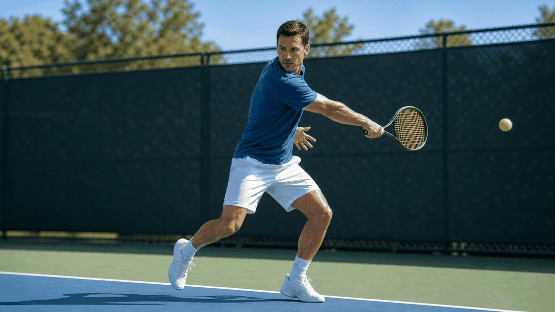 Tennis player guiding a one-handed backhand return deep and recovering toward the center