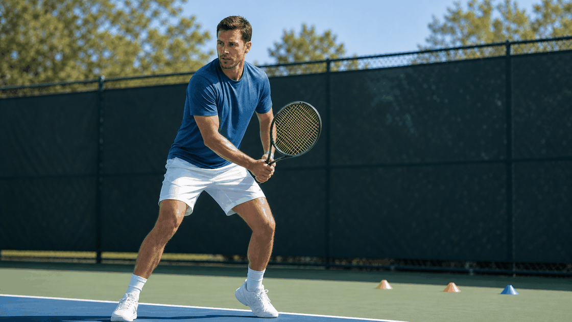 Tennis player balanced in ready position after a one-handed backhand return