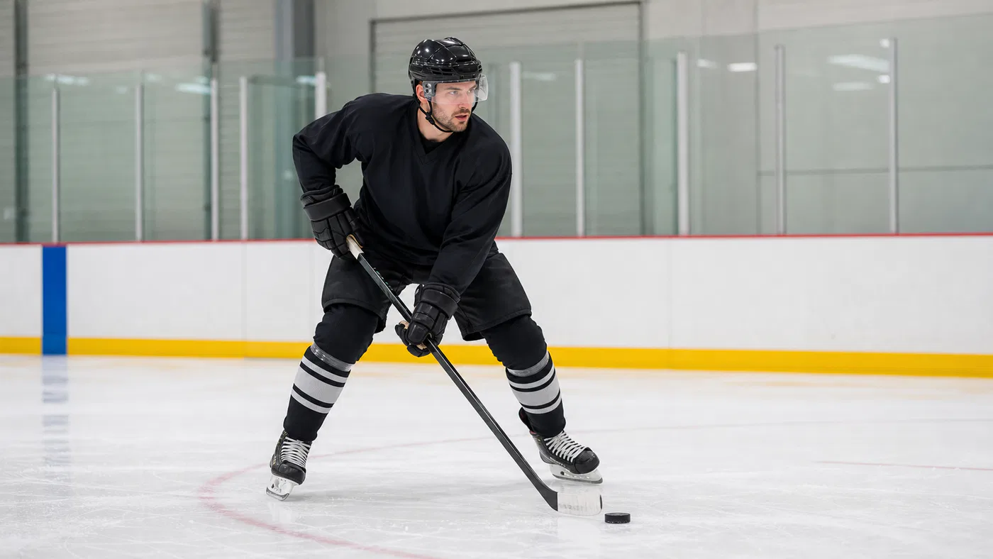 Ice hockey player in a low skating stance controlling the puck
